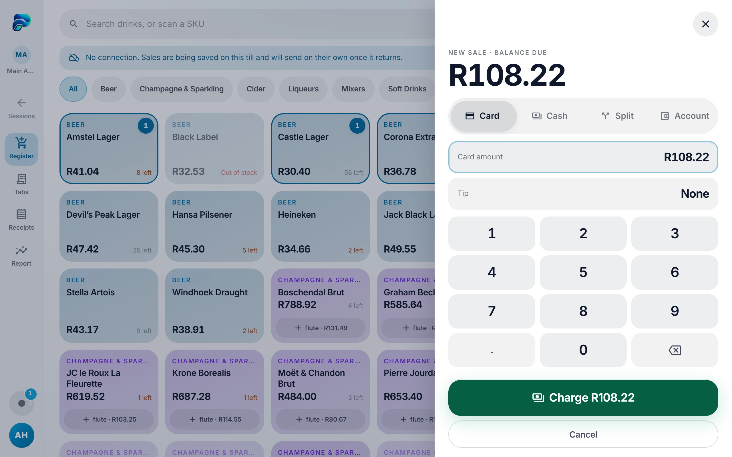 PosSync taking a card payment on a tablet while offline