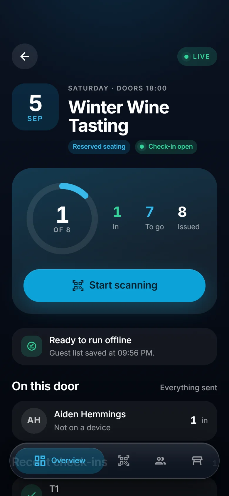 ScannerSync ticket check-in screen
